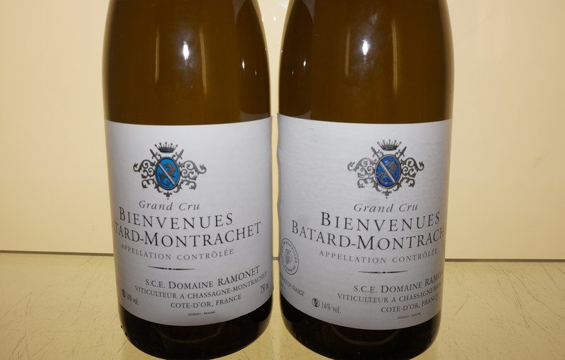 Two bottles of 2013 Ramonet Bienvenues-Bâtard-Montrachet side by side